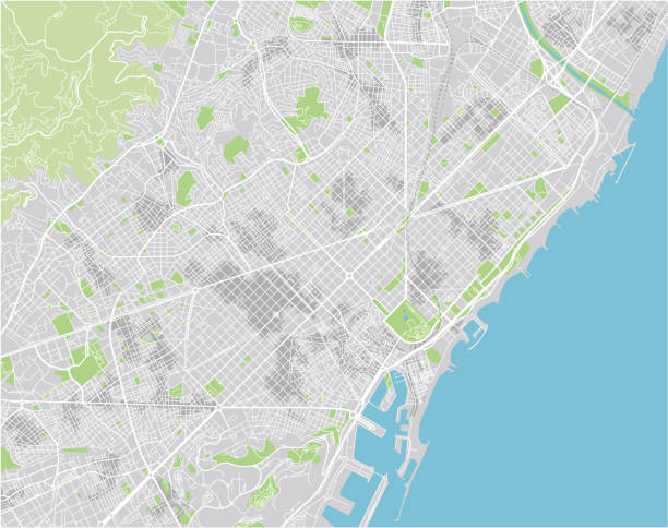 巴賽隆納的向量城市地圖與有組織的分開的層數。 - barcelona 幅插畫檔、美工圖案、卡通及圖標