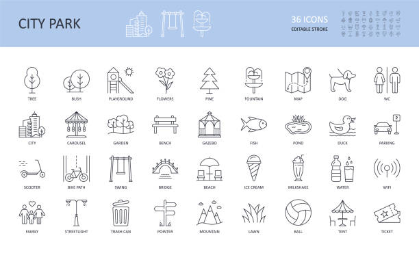 Vector city park icons set. Editable stroke. Tree fountain pond fish bush bench bridge garden pine playground flowers streetlight WC. Family mountain map ticket scooter lawn wifi ball umbrella parking Vector city park icons set. Editable stroke. Tree fountain pond fish bush bench bridge garden pine playground flower carousel swing bike WC. Family ticket scooter lawn wifi ball umbrella parking beach forest icons stock illustrations