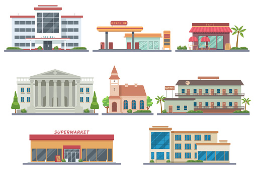 Vector city public buildings set. Hospital, gas station, cafe, bank, church, motel, supermarket, school. Isolated on white background. Architecture flat illustration. Urban infrastructure. Eps 10