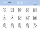 Vector clipboard icon. Editable stroke. To-do list, check sheet and pencil pen. Icons registration form, test questionnaire survey. Checklist with gears magnifier graph chart, data protection privacy.