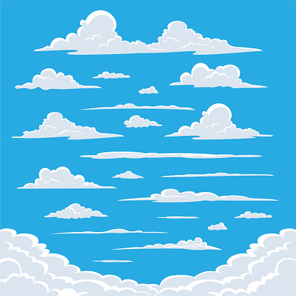 cartoon cloud design collection in blue sky, white color cloud shape vector illustration