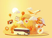 Vector coach bus travel summer journey illustration. Tour bus road trip. Road between mountains with pine trees, hot air balloons. Summer vacation and tourism in tourist bus