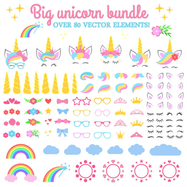 Vector collection - Big unicorn bundle. Create your own unicorn. Unicorn constructor - horhs, eyelashes, ears, hairstyles, flowers, crowns, glasses, bows. Vector collection - Big unicorn bundle. Create your own unicorn. Unicorn constructor - horns, eyelashes, ears, hairstyles, flowers, crowns, glasses, bows rainbow clouds and circle monograms horned stock illustrations