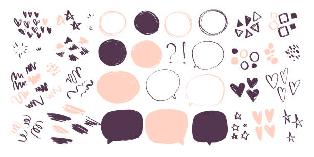 Vector collection of abstract hand drawn doodle elements in sketch style on white background - heart, star, line waves, lipstick stroke, geometric shapes, speech bubbles. cute drawings stock illustrations