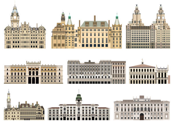 soyut izole şehir salonları, saraylar, yapı ve diğer şehir silüeti mimari elemanları vektör koleksiyonu - liverpool stock illustrations