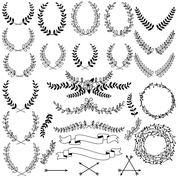 Vector Collection of Black Line Laurels, Floral Elements and Banners Vector Collection of Black Line Laurels, Floral Elements and Banners. No transparencies or gradients used. Large JPG included. Each element is individually grouped for easy editing. embellishment stock illustrations