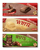 Vector 3d realistic collection of chocolate packaging. Horizontal labels of tasty product with nuts, white milk sweetness. Design of boxes, brand illustration for ad posters, promo banners.