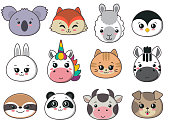 Vector collection of cute animal faces koala, cow, bunny, penguin, unicorn. Big icon set for baby design
