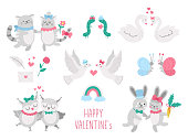 Vector collection of cute animal pairs. Loving couples illustration. Love relationship or family concepts set. Hugging swans, cats, rabbits, owls, doves, caterpillars. Valentine day characters pack.