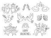 Vector collection of cute black and white animal pairs. Loving couples illustration. Love relationship or family outline concepts set. Hugging swans, cats, rabbits, owls. Valentineâs day characters pack.