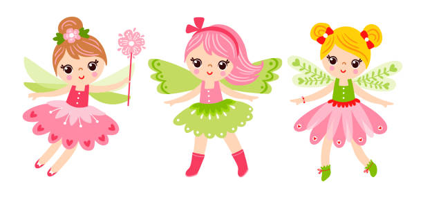 Vector collection of illustrations with fairies. Cute magical girls Vector collection of illustrations with fairies. Cute magical girls on a white background. butterfly fairy flower white background stock illustrations