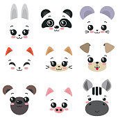 Vector collection of nine cute animal faces for kids dezign