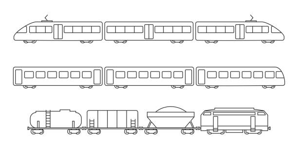 ilustrações, clipart, desenhos animados e ícones de coleção de vetores de silhuetas de transporte ferroviário - trem