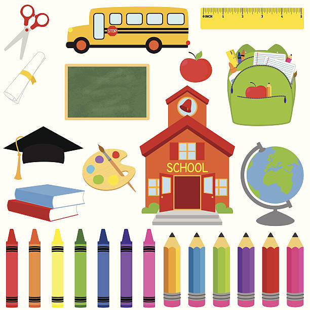 Vector Collection of School Supplies and Images Vector Collection of School Supplies and Images. Transparencies and gradients used in chalkboard only. Large JPG included. Each element is individually grouped for easy editing. chalk art equipment stock illustrations