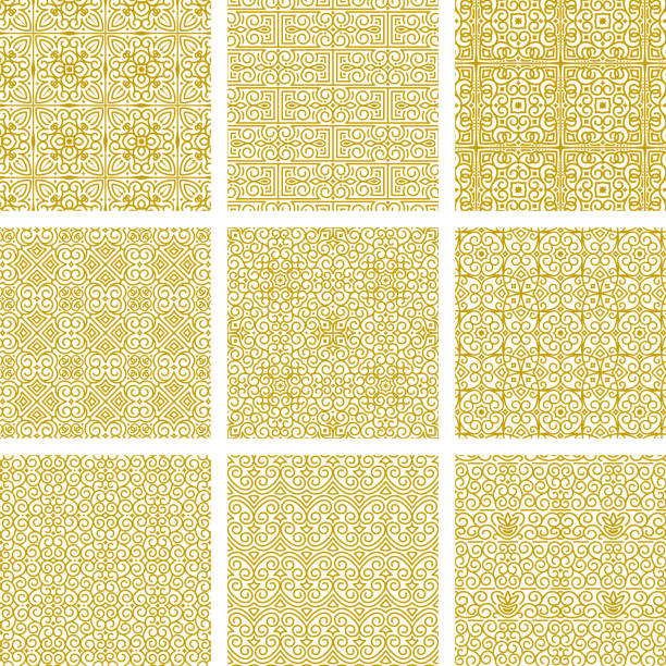 Vector collection of seamless oriental gold ornaments on white background. Samples in swatches palette Vector collection of gold seamless patterns from lines in oriental style. Modern and classic abstract floral ornament for the decoration and design of textiles, wallpaper. Samples in swatches palette arab culture stock illustrations