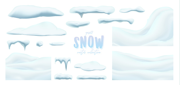 Vector collection of snow caps, pile, icicles, isolated on background, transparent.