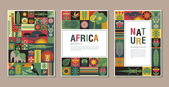 Vector collection of trendy creative cards with patchwork mosaic design. Geometric cartoon African animals
