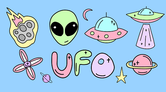 Vector Collection of ufo, aliens and space objects drawn in flat style. Children's space illustration.