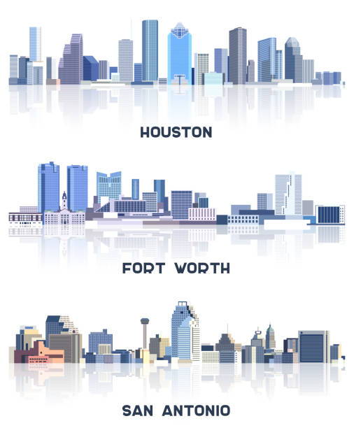 vector collection of United States cityscapes: Houston, Fort Worth, San Antonio skylines in tints of blue color palette. rystal aesthetics style vector collection of United States cityscapes: Houston, Fort Worth, San Antonio skylines in tints of blue color palette. rystal aesthetics style san antonio stock illustrations
