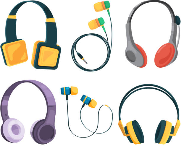 Vector collection set of different headphones. Illustrations in cartoon style Vector collection set of different headphones. Illustrations in cartoon style. Equipment headset and stereo headphone, gadget accessory headphones stock illustrations