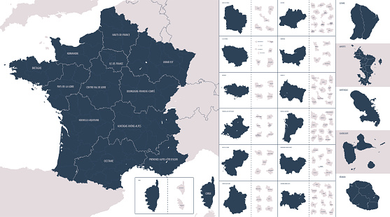 Vector color detailed map of metropolis and overseas territories of France  with administrative divisions of the country, each region is presented separately in-highly detailed and divided into departments