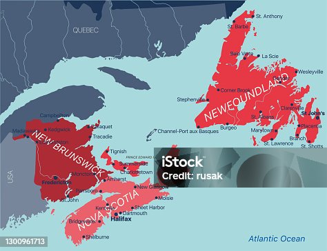 istock Vector color editable map of Atlantic provinces of Canada New Brunswick, Nova Scotia, Prince Edward Island and province of Newfoundland 1300961713