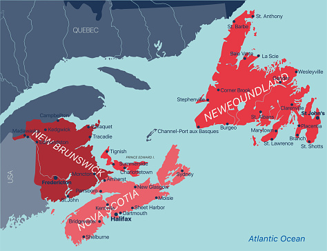 Vector color editable map of Atlantic provinces of Canada New Brunswick, Nova Scotia, Prince Edward Island and province of Newfoundland with capitals, national borders, cities and towns, rivers and lakes. Vector EPS-10 file