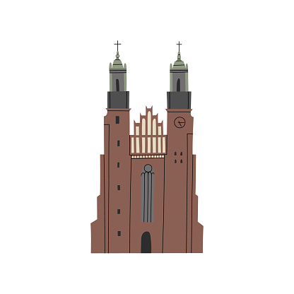 Vector color hand drawn illustration with Archcathedral Basilica of St. Peter and St. Paul. Poznan, Poland. Old town. Brick Gothic Roman Catholic church