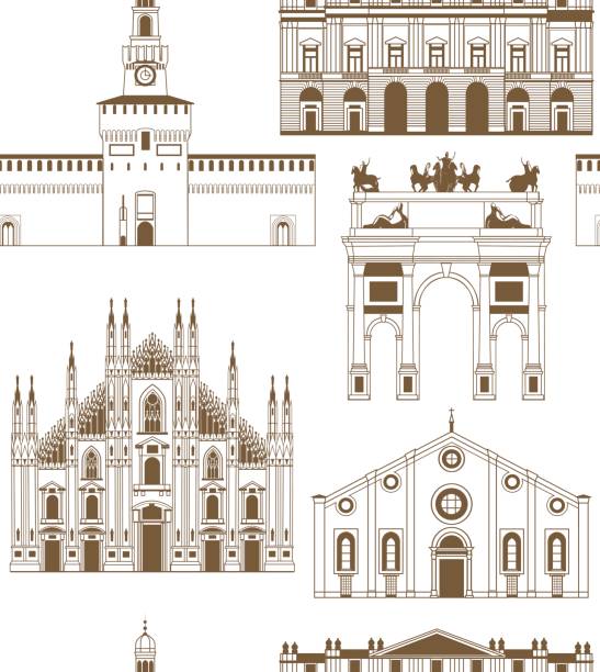illustrazioni stock, clip art, cartoni animati e icone di tendenza di sfondo vettoriale colorato con famosi monumenti milanesi - milano