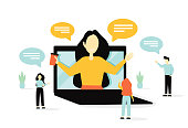 Vector colorful illustrations of communication through the Internet, social networks, chat, video, news, messages, website, search for friends. Friendly communication. Meeting, conference, video chat.