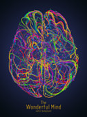 Vector colorful illustration of human brain with synapses. Conceptual image of idea birth, creative imagination or artificial intelligence. Net of lines forms brain structure. Futuristic mind scan