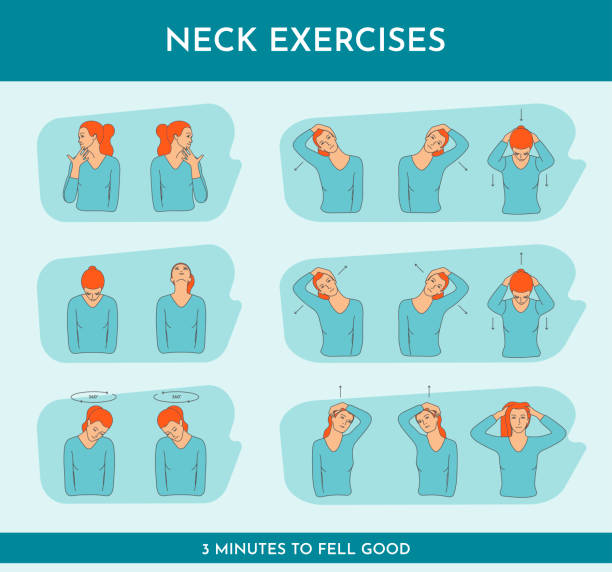 Vector colorful illustration set with neck exercises by girl. Creative concept Vector colorful illustration set with neck exercises by girl. Creative concept. Blue and orange colors neck stock illustrations