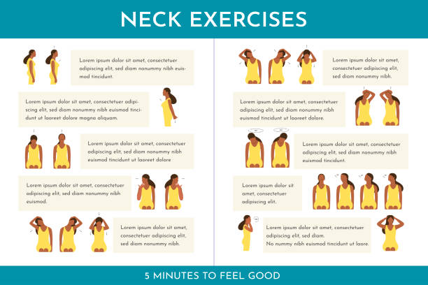 Vector colorful illustration set with neck exercises by girl with dark skin. Creative concept Vector colorful illustration set with neck exercises by girl with dark skin. Creative concept. Green and yellow colors. Place for text neck stock illustrations