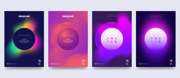 Vector colorful neon poster set. Circle shape with neon splash. Abstract background with liquid gradient. Fantastic eclipse. Applicable for banner design, cover, invitation, party flyer.  gradient stock illustrations