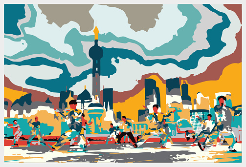 Vector colors engraving playing Tai Chi in shanghai city bund pattern illustration background