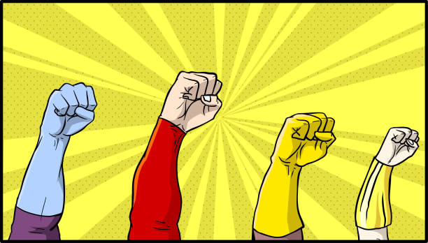 ●空中で上げられたスーパーヒーローの拳のセットの漫画風イラスト。