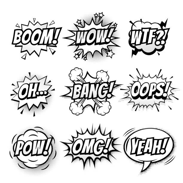 Vector comic speech doodle sketch bubbles set Vector comic speech bubble, sound effects with phrase Boom, Wow, WTF, Oh, Bang, Oops, Pow, OMG, Yeah. Comic cartoon sound doodle sketch bubble speech on transparent background pain borders stock illustrations