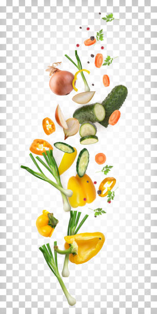 illustrations, cliparts, dessins animés et icônes de composition vectorielle des légumes. recette de salade fraîche, plats végétariens sains. 3d paprika haché réaliste, concombres, oignons verts, carottes, oignons, persil - légume volant