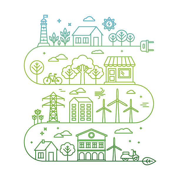 Vector concept and infographic design elements Vector concept and infographic design elements in trendy linear style - city illustration concept with alternative energy generators - nature conservation and protection with modern innovation and technologies city icons stock illustrations