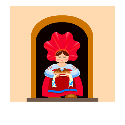 Vector concept of hospitality bread and salt. A cartoon girl red sundress with a loaf of bread in her hands greets guests at the doorway. A salt cellar stands on bread, tradition meeting the newlyweds.