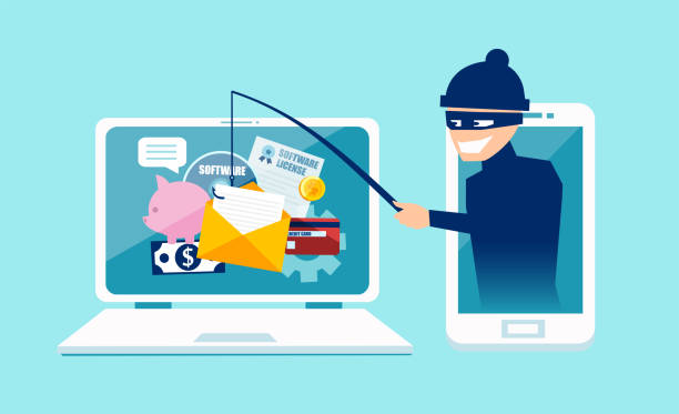 Vector concept of phishing scam, hacker attack and web security Login into account in email envelope and fishing for private financial account information. Vector concept of phishing scam, hacker attack and web security white collar crime stock illustrations