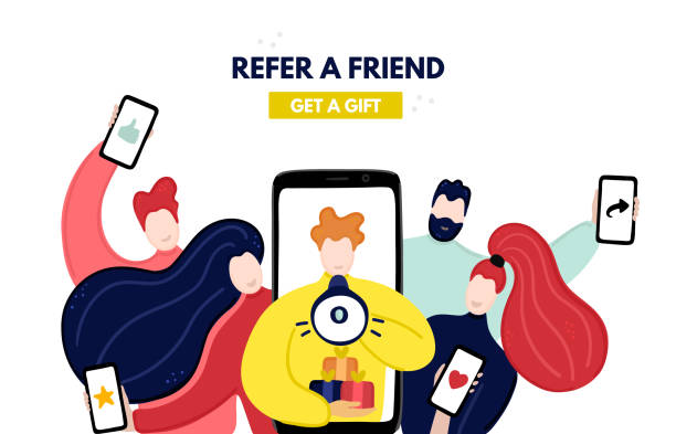 ilustrações de stock, clip art, desenhos animados e ícones de vector concept of referral program. network marketing. refer a friend - friends color background