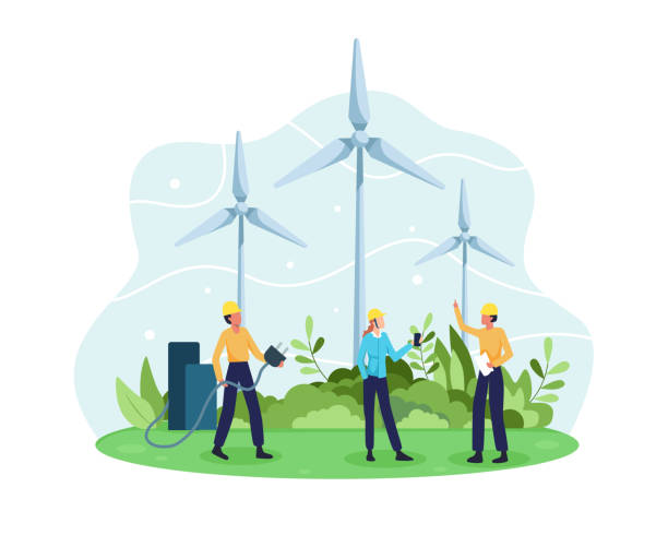 Vector concept of Renewable energy Alternative energy resource with rotation windmills, Wind Turbines and Engineer character. Green and Environmentally friendly energy. Vector in a flat style wind turbine stock illustrations