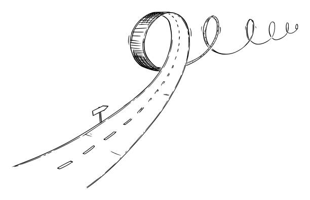 Vector Conceptual Business Illustration or Drawing of Turbulent Road, Difficult Choices and Uncertain Direction, Problem and Obstacle in Way Vector black and white conceptual business drawing or illustration of turbulent road, problem or obstacle in way, uncertain direction and difficult choices. road drawings stock illustrations