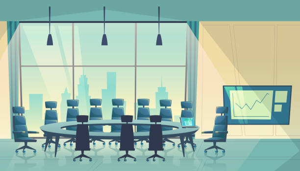 Vector conference hall for business, cartoon boardroom Vector conference hall for meeting, board of directors. Business boardroom, working process. Room for shareholders in skyscraper, urban view from window. Teamwork space in cartoon space office backgrounds stock illustrations