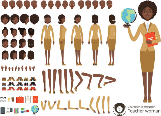 Vector constructor of female character. Afroamerican teacher pointing. Vector different body parts and elements set Vector constructor of female character. Afroamerican teacher pointing. Vector different body parts and elements set. Teacher constructor body parts illustration multiple arms stock illustrations
