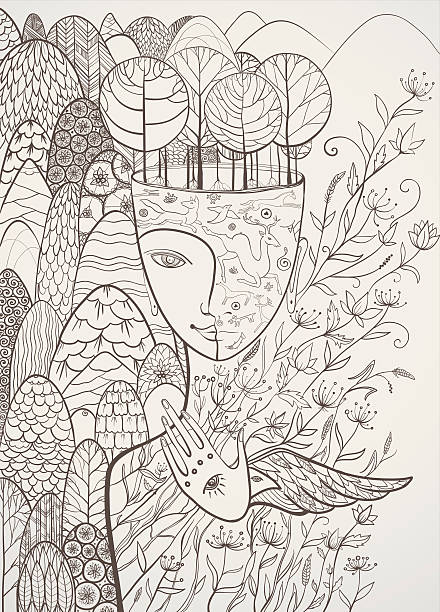 Vector contour illustration of the goddess of Mother Nature Vector contour illustration of Mother Nature with animals, trees, flowers and mountains. Goddess of Summer. Protect of environment. eps 10 mother nature stock illustrations