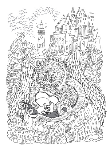 Vector contour thin line illustration. Ornate Dragon beast with three dragon eggs, sea waves, island, fairy tale castle, lighthouse. Black and white hand drawn sketch artwork. Adults coloring book page, tee shirt print, book cover