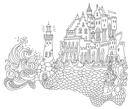 Vector contour thin line landscape illustration. Lighthouse island, fairy tale castle, sea waves. Black and white hand drawn sketch artwork. Adults coloring book page, tee shirt print