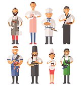 Vector cooking chefs vector illustration. Cartoon cook chefs icons. Restaurant cook chefs hat and cook uniform. Vector cooks, cooks uniform, different cooks chefs, chfs isolated, cook people
